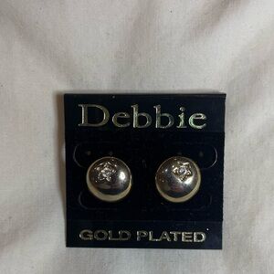 Vintage gold plated stud - pierced button earrings with crystal accent.